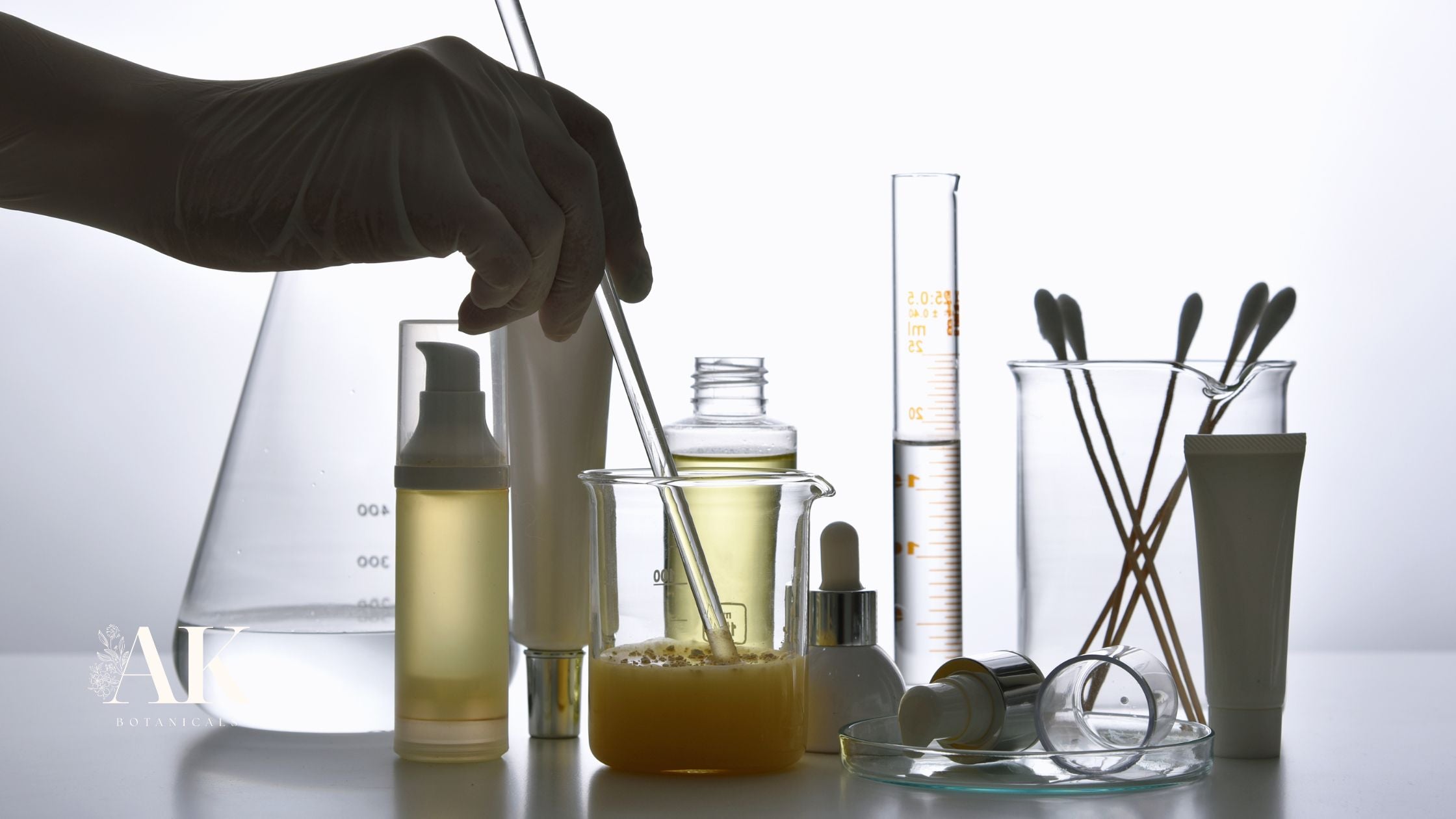 Gloved hand mixing botanical skincare ingredients in a lab with beakers, droppers, and AKti-Clear product containers, showcasing the science behind AK Botanicals.
