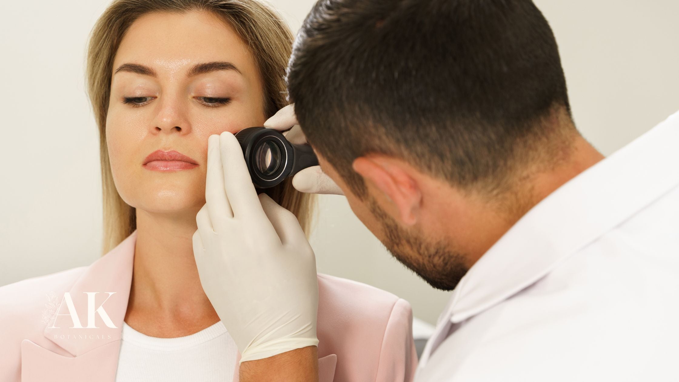 Dermatologist examining a woman’s facial skin for signs of basal cell carcinoma – early detection and skin cancer screening with AK Botanicals support.
