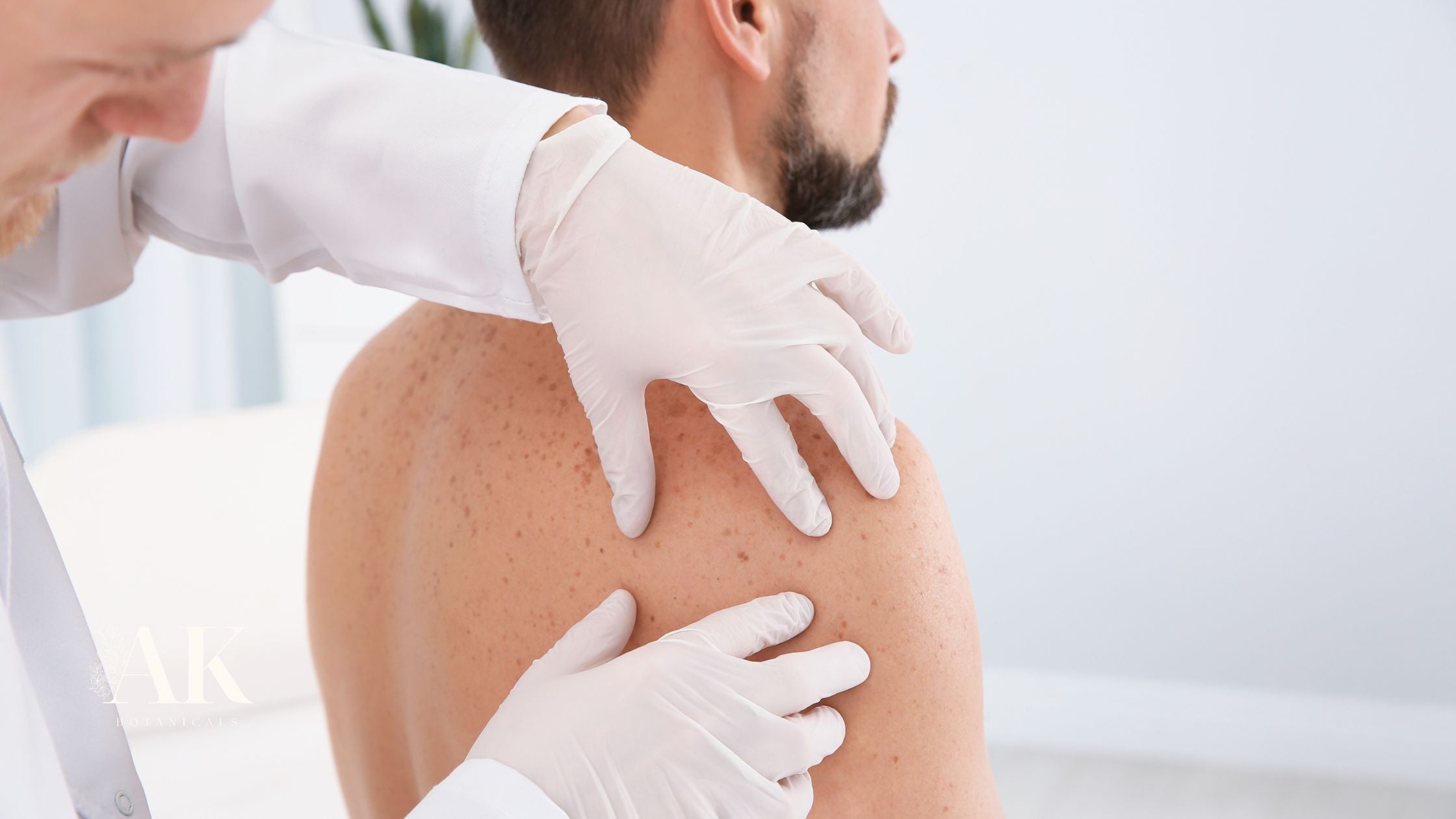 Dermatologist examining a sun-damaged area on a patient during a skin health evaluation.